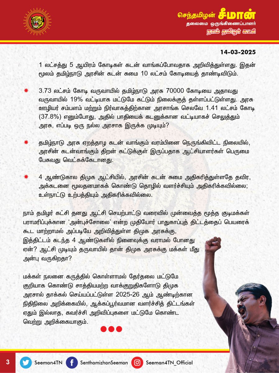 செந்தமிழன் சீமான் (@seeman4tn) on Twitter photo அரக்கக் குணமும், இரக்கமற்ற மனமும் கொண்ட அரசு உருவாக்கியுள்ள வெற்று நிதிநிலை அறிக்கை!
<a href="/CMOTamilnadu/">CMOTamilNadu</a> <a href="/mkstalin/">M.K.Stalin</a>
தமிழ்நாடு சட்டப்பேரவையில் திமுக அரசால் தாக்கல் செய்யப்பட்டுள்ள 2025-26 ஆண்டிற்கான நிதிநிலை அறிக்கை தொலைநோக்கு பார்வையற்ற, மக்களுக்கு எந்தப் பயனும், நன்மையும் தராத அரக்கக் குணமும், இரக்கமற்ற மனமும் கொண்ட அரசு உருவாக்கியுள்ள வெற்று நிதிநிலை அறிக்கை!
<a href="/CMOTamilnadu/">CMOTamilNadu</a> <a href="/mkstalin/">M.K.Stalin</a>
தமிழ்நாடு சட்டப்பேரவையில் திமுக அரசால் தாக்கல் செய்யப்பட்டுள்ள 2025-26 ஆண்டிற்கான நிதிநிலை அறிக்கை தொலைநோக்கு பார்வையற்ற, மக்களுக்கு எந்தப் பயனும், நன்மையும் தராத