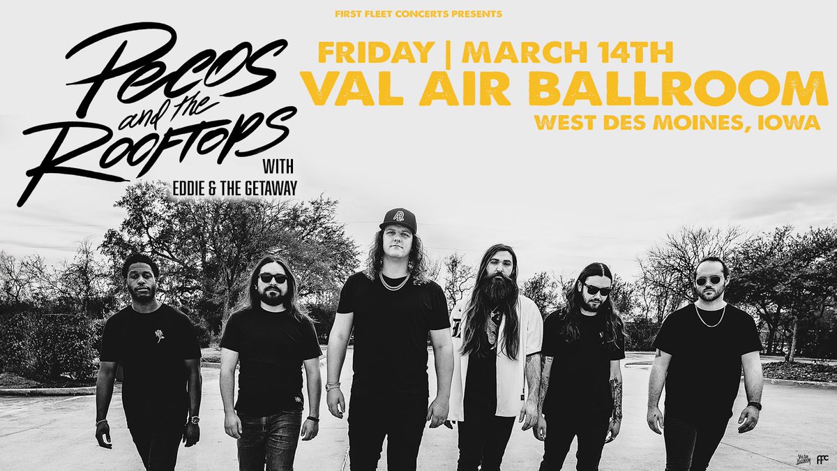 Val Air Ballroom (@valairballroom) on Twitter photo Let's go! 🙌 <a href="/pecos_rooftops/">Pecos & the Rooftops</a> are here TONIGHT with special guest Eddie and The Getaway!
6:30 PM | 7:30 PM | All Ages
🎫 axs.com/events/815172/
*Show is set to go on at planned times. Ticket holders will be notified of any time changes due to impending weather. Let's go! 🙌 <a href="/pecos_rooftops/">Pecos & the Rooftops</a> are here TONIGHT with special guest Eddie and The Getaway!
6:30 PM | 7:30 PM | All Ages
🎫 axs.com/events/815172/
*Show is set to go on at planned times. Ticket holders will be notified of any time changes due to impending weather.