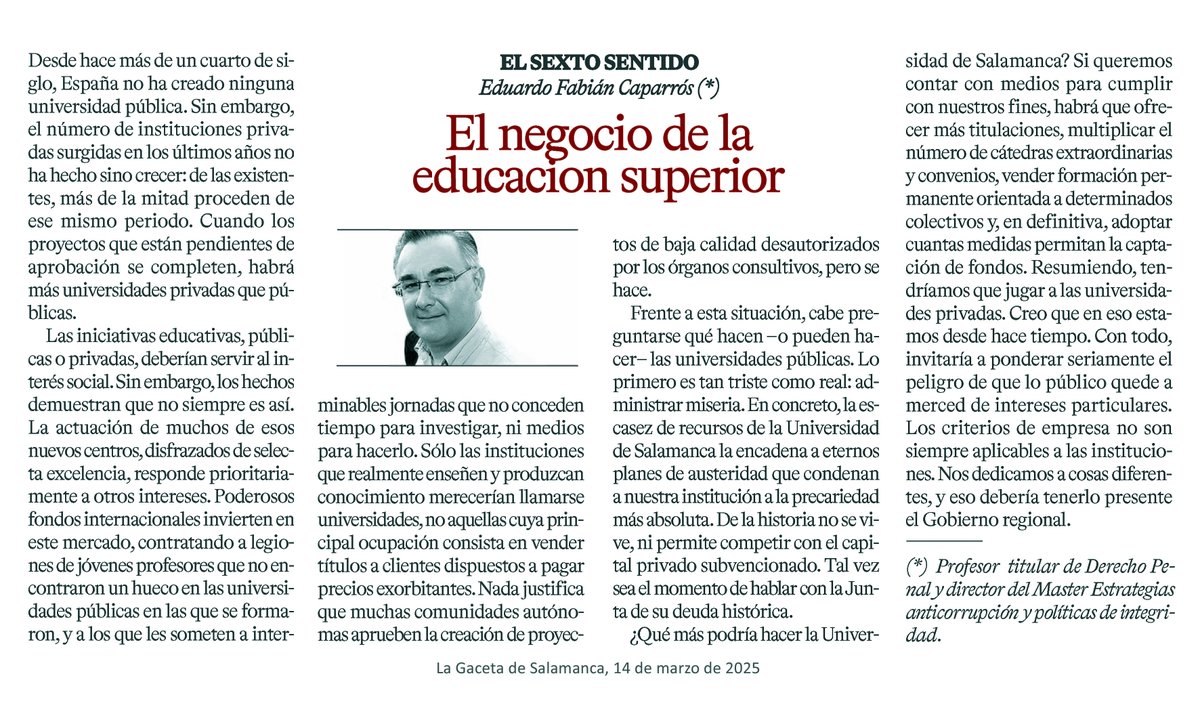 Eduardo Fabián C. (@caporrismo) on Twitter photo La enseñanza superior es hoy un gran negocio, pero la falta de medios condena a la privatización de las universidades públicas. Que la universidad siga ligada a las ideas de docencia e investigación de calidad exige que los gobiernos actúen. <a href="/LaGacetaSA/">La Gaceta de Salamanca</a> lagacetadesalamanca.es/opinion/firmas… La enseñanza superior es hoy un gran negocio, pero la falta de medios condena a la privatización de las universidades públicas. Que la universidad siga ligada a las ideas de docencia e investigación de calidad exige que los gobiernos actúen. <a href="/LaGacetaSA/">La Gaceta de Salamanca</a> lagacetadesalamanca.es/opinion/firmas…