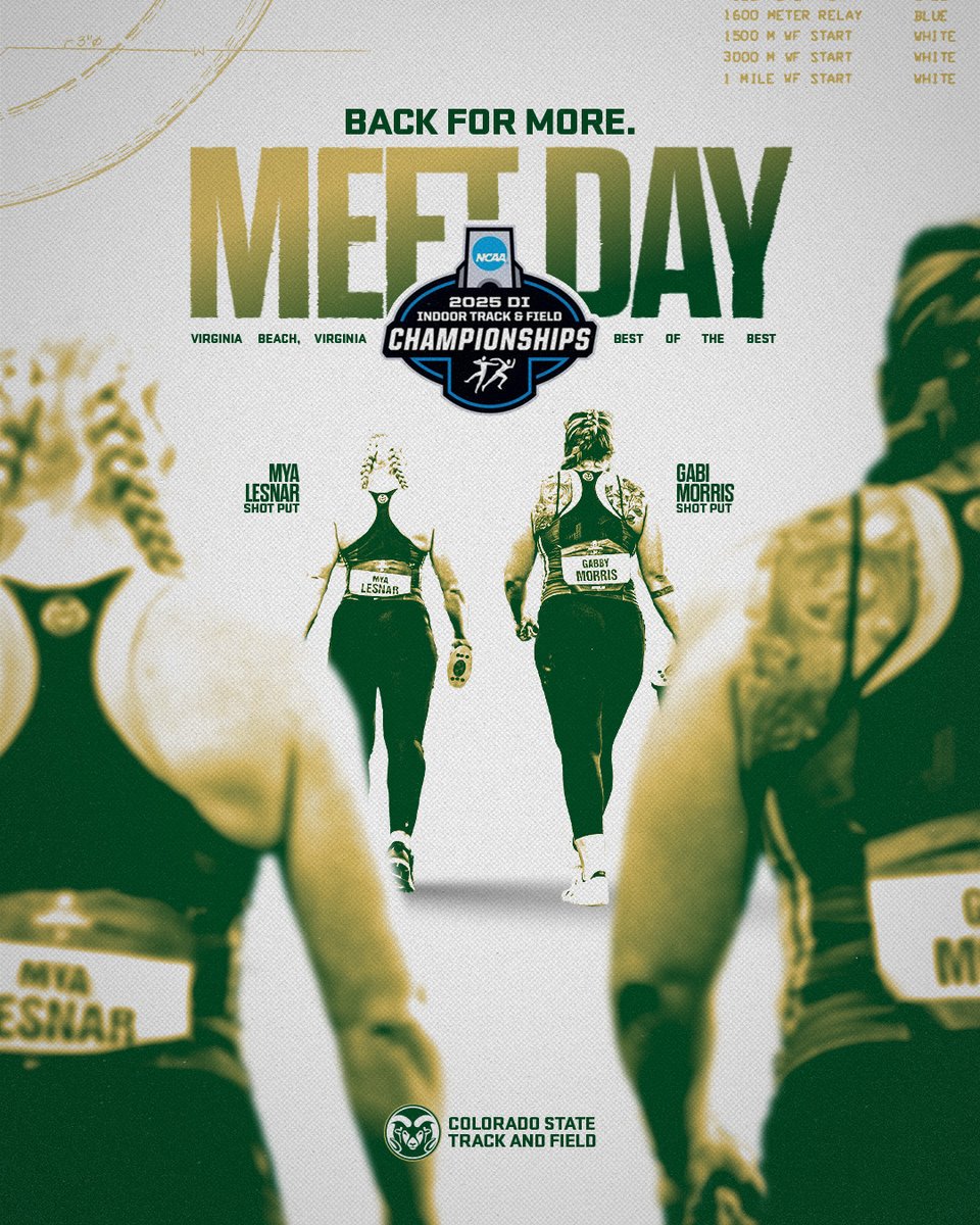 CSUTrackFieldXC's tweet image. 𝐁𝐚𝐜𝐤 𝐅𝐨𝐫 𝐌𝐨𝐫𝐞

It's Meet Day at the @NCAATrackField Indoor Championships 🙌

📺 ESPN+
⏰ 11:45 a.m. MT
📈 csura.ms/41o3aCq

#Relentless x #CSURams