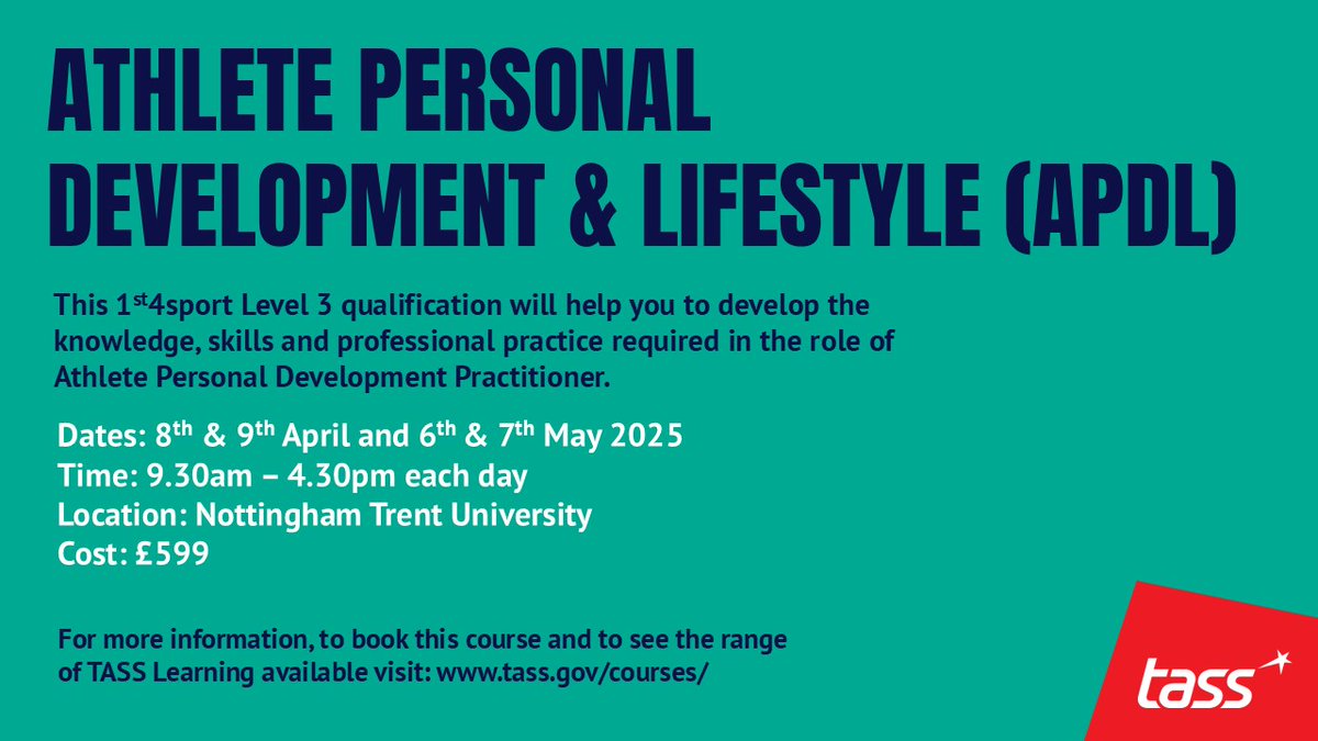 TASS (@talentedathlete) on Twitter photo The next APDL (Athlete Personal Development & Lifestyle) Course is on: 8/9th April & 6/7th May <a href="/NottmTrentUni/">Nottingham Trent University</a>
Find out more about this Level 3 qualification and book a place tass.gov.uk/courses/
If you have any questions, please email learning@tass.gov.uk
#TASSLearning The next APDL (Athlete Personal Development & Lifestyle) Course is on: 8/9th April & 6/7th May <a href="/NottmTrentUni/">Nottingham Trent University</a>
Find out more about this Level 3 qualification and book a place tass.gov.uk/courses/
If you have any questions, please email learning@tass.gov.uk
#TASSLearning