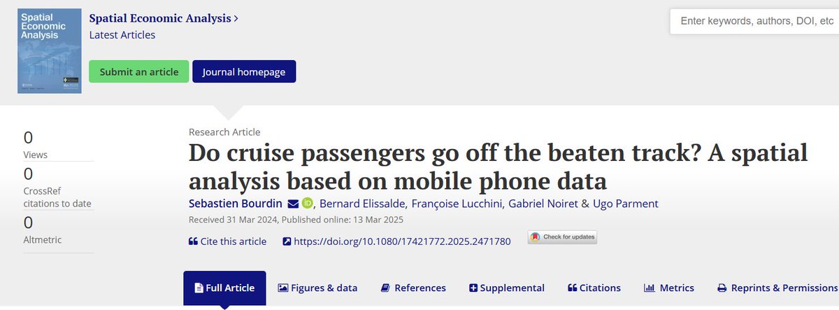 Sebastien BOURDIN πππ¨βππͺπΊ (@bourdin_seb) on Twitter photo We examine cruise passenger mobility using mobile data π± & a spatial model π
<a href="/spatialeconomic/">Spatial Economic Analysis</a>
π Key findings:
π Tourist bubble around iconic sites
π Price & distance shape choices
π Natural sites > Museums π
π Strong spatial concentration
π Read more π π We examine cruise passenger mobility using mobile data π± & a spatial model π
<a href="/spatialeconomic/">Spatial Economic Analysis</a>
π Key findings:
π Tourist bubble around iconic sites
π Price & distance shape choices
π Natural sites > Museums π
π Strong spatial concentration
π Read more π π
