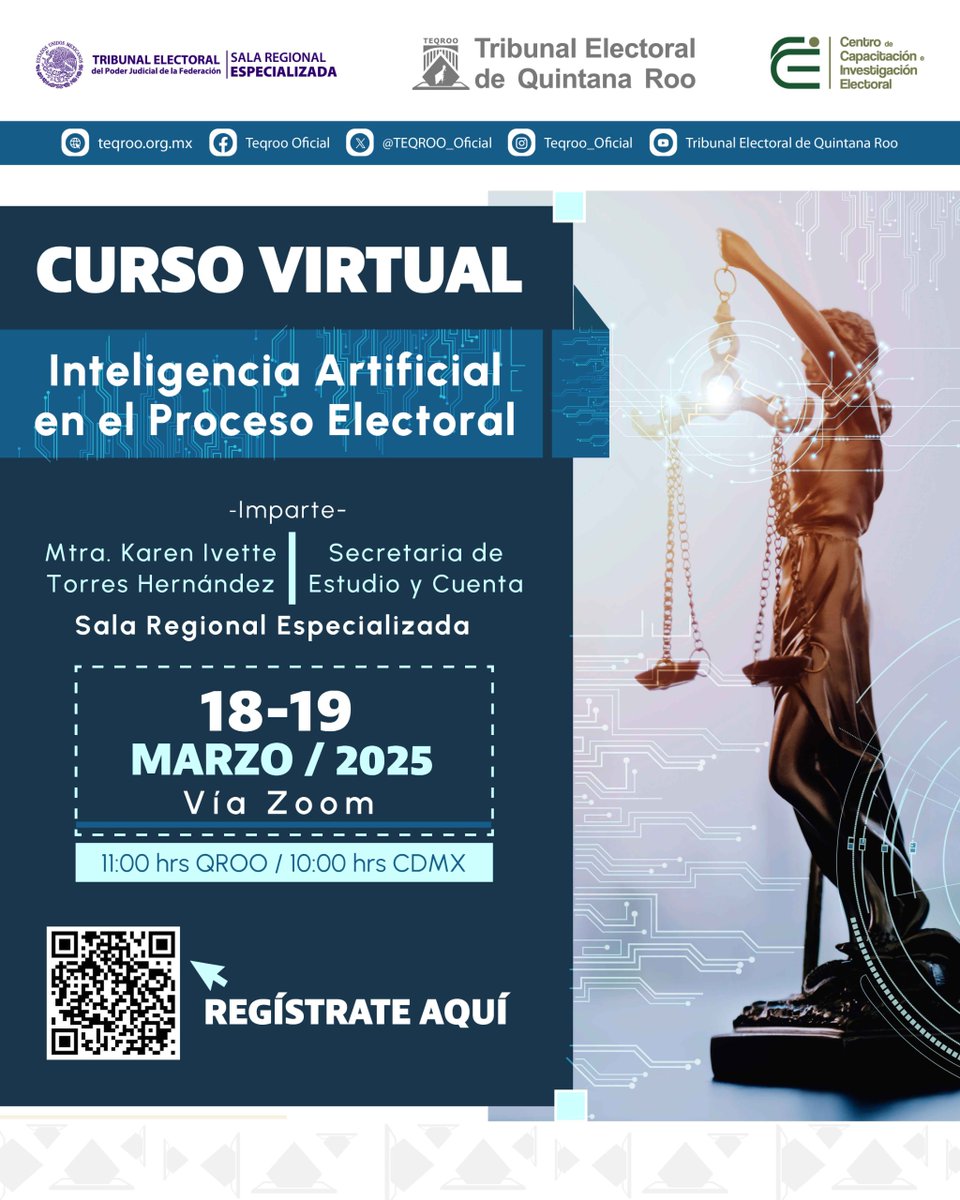 #Invitación | El <a href="/TEQROO_Oficial/">Tribunal Electoral de Quintana Roo</a> y la <a href="/TEPJF_Esp/">Sala Especializada</a> te invitan al curso virtual “Inteligencia Artificial en el Proceso Electoral”, los días 18 y 19 de marzo de 2025 a las 11:00 horas (Q.ROO) y 10:00 horas (CDMX).  

Regístrate en el siguiente link: forms.gle/AP8xuxuRBXHwe6…