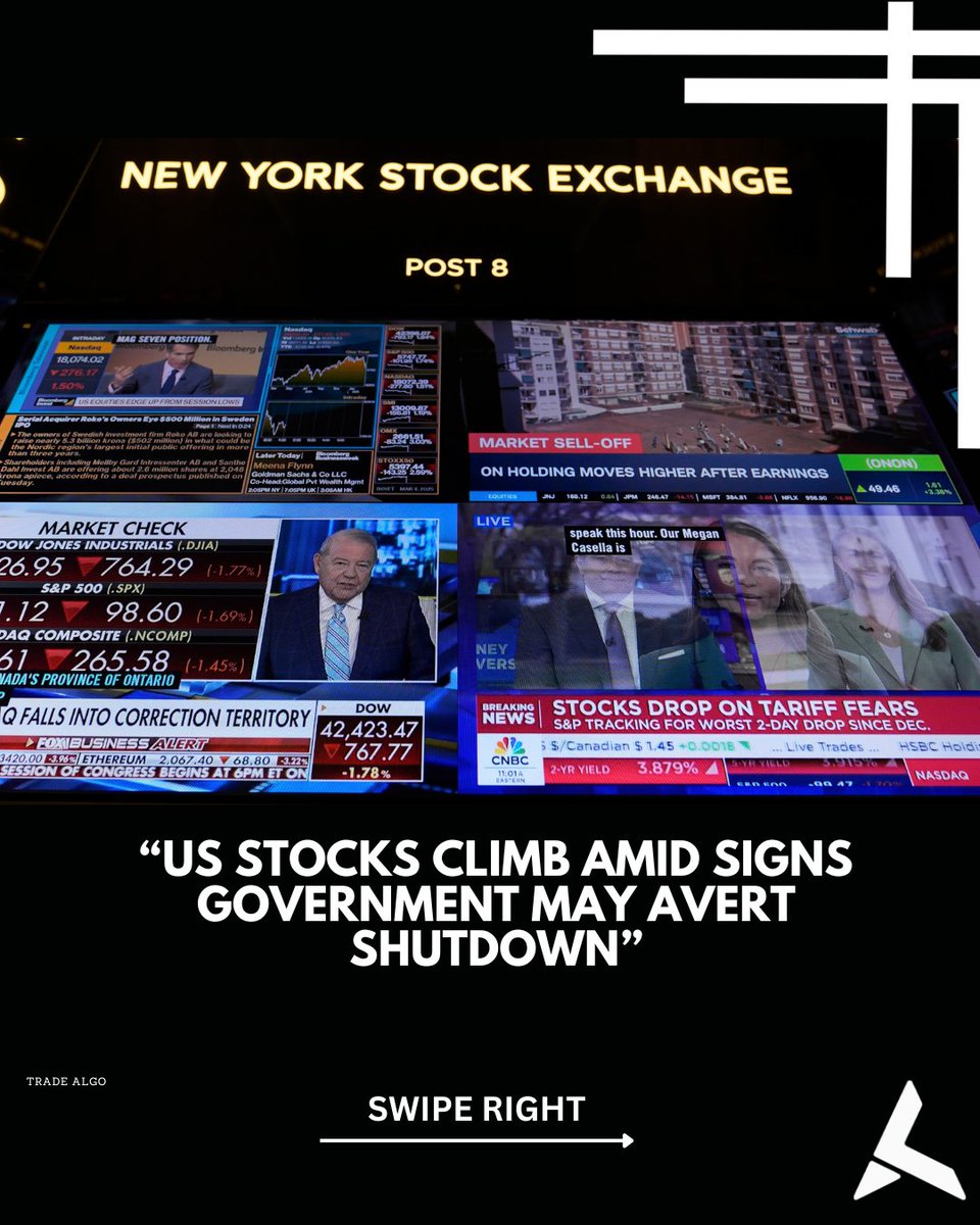 TradealgoNews's tweet image. 🚀 U.S. stocks are climbing as optimism grows that the government will avert a shutdown. Investors are reacting positively to signs of a potential resolution, pushing markets higher. Will this momentum continue? 📈💰 #StockMarket #FinanceNews #Trading