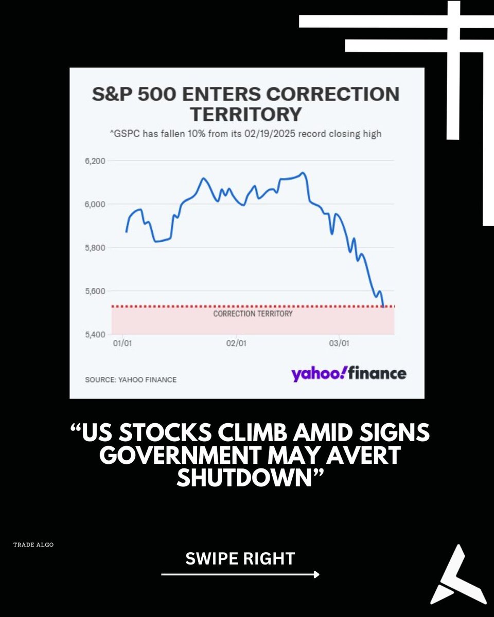 TradealgoNews's tweet image. 🚀 U.S. stocks are climbing as optimism grows that the government will avert a shutdown. Investors are reacting positively to signs of a potential resolution, pushing markets higher. Will this momentum continue? 📈💰 #StockMarket #FinanceNews #Trading