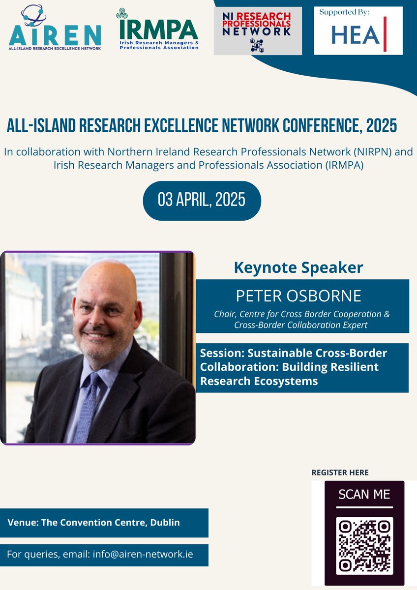 AirenNetwork's tweet image. Keynote speaker announcement: Peter Osborne, Chair of Centre for Cross Border Cooperation, to speak on cross border collaboration at #AIREN2025, April 3 in Dublin!

#ResearchExcellence #CrossBorderCollaboration #AllIslandCooperation