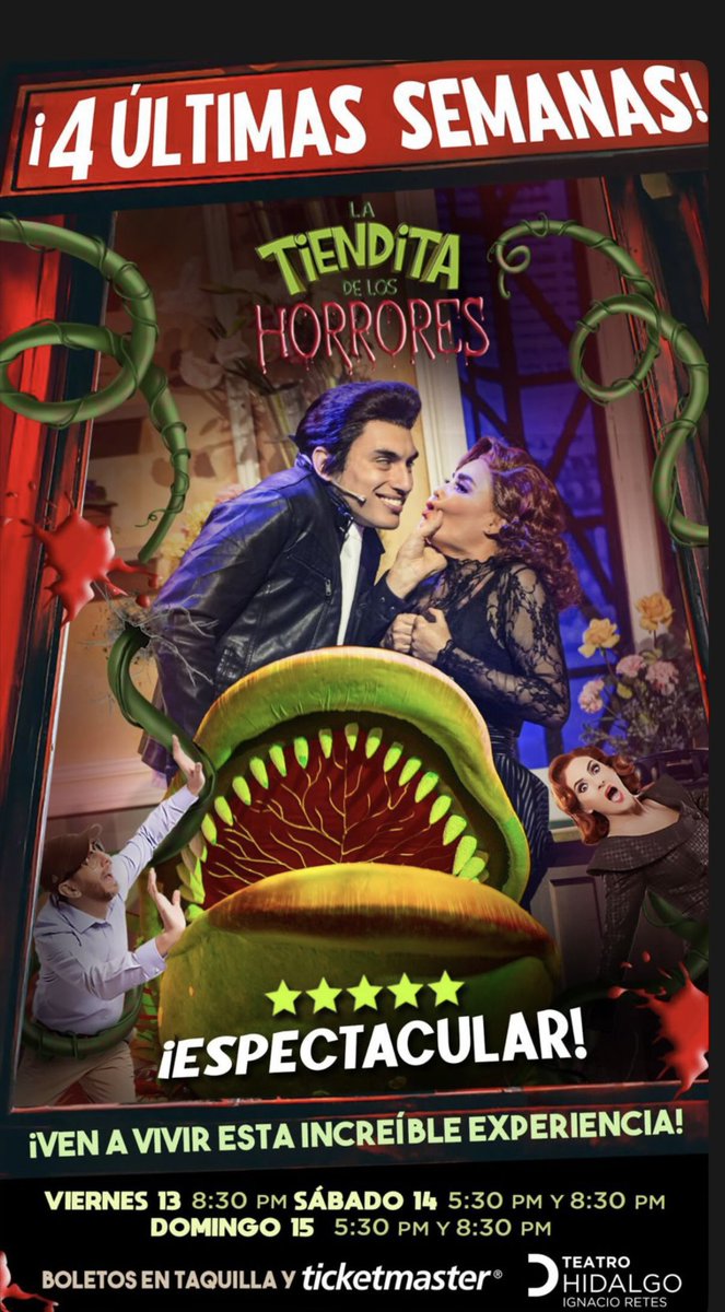 ¿Sabías que #LaTienditadelosHorrores en su versión teatral tiene un final diferente al de la película? 
¡Prepárate para un giro inesperado en el escenario!
📍 Teatro Hidalgo
📅 vier 20:30H sáb 17:00H y 20:30H  y dom17:30 
🎟️Taquilla y <a href="/ticketmaster_mx/">Benjamin Hernandez</a>

#CarteleraPinPoint #Teatro