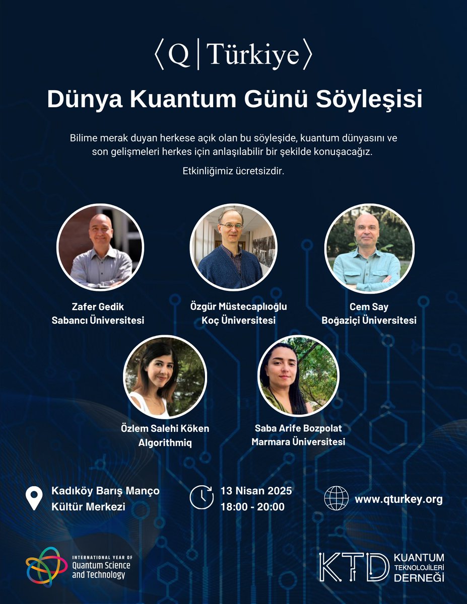 Bu yıl İstanbul’da Dünya Kuantum Günü’nü 13 Nisan saat 18:00’da, Kadıköy Barış Manço Kültür Merkezi’nde QTürkiye’den Saba Arife Bozpolat (<a href="/sabarife/">Saba (Arife) Bozpolat</a>) ve Özlem Salehi Köken’in (<a href="/OzlemSalehi/">Özlem Salehi</a>) ev sahipliğinde, Boğaziçi Üniversitesi’nden Cem Say (<a href="/say_cem/">Cem Say</a>),  Koç Üniversitesi’nden