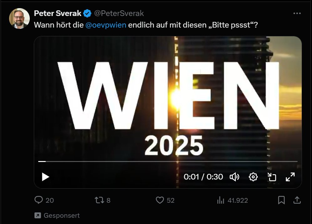 Der Landesgeschäftsführer der ÖVP Wien sponsert einen tweet in dem er fragt, wann die ÖVP Wien mit ihrer Wahlkampagne aufhört.

Meta.