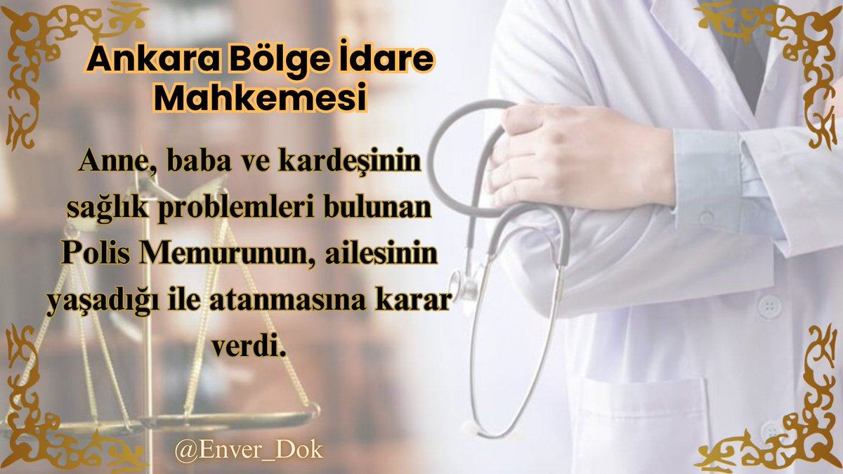 Ankara Bölge İdare Mahkemesi güncel kararında;
Ailesinin sağlık problemleri nedeniyle Polis Memurunu ailesinin yaşadığı ile atanmasına karar verdi.

Kararda;
✅Davacının annesinin, babasının ve ablasının sağlık problemlerinin bulunduğu, 
✅Vasisi olduğu kardeşinin halen görev