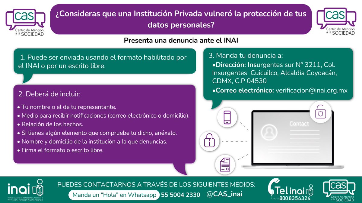 cas_inai's tweet photo. Gracias @CondusefMX👋🏼                       
Apreciable @darkangelhegel, buen día☀️          
Si consideras que se vulneró la protección de tus datos personales, puedes presentar una denuncia ante el INAI. En la imagen te decimos cómo 👇🏾

También te adjuntamos el formato: https://t.co/fywj95RYc4  (1/2)