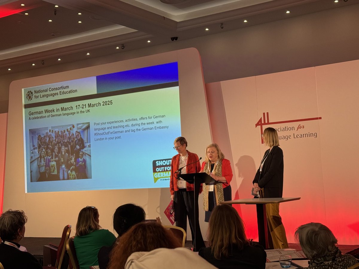 ALL4language's tweet image. ⁦@ncle_ioe⁩ three colleagues Bernardette Holmes, ⁦@GI_London1⁩ ‘s Andrea Pfeil &amp;amp; ⁦@Schools_British⁩ Vicky Gough sharing updates from fantastic programmes here at #LW2025 #all4language #mfltwitterati #germanweek #languagescantakeyoufurther