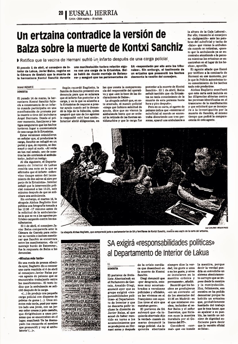 betizutik's tweet photo. Hoy hace 21 años, Kontxi Sanchiz se desplomaba, tras una carga de la Ertzaintza contra manifestantes que denunciaban el asesinato de Angel Berrueta. A pesar de la gravedad de su estado, la Ertzaintza le denegó el auxilio. +👇🏼
#KontxiGogoan
#MemoriaOsoa https://t.co/fwJQiLcNwd