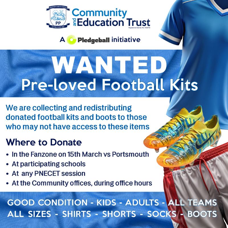 pnecommunity's tweet photo. ⚽ WANTED: Pre-loved football kits &amp; boots!

Join our Pledgeball Initiative to help those in need play the game we love. All sizes are welcome - children and adults! 👕

Click the link below to find out more. Let’s make football accessible for all! 👇

#PNECET | #pnefc