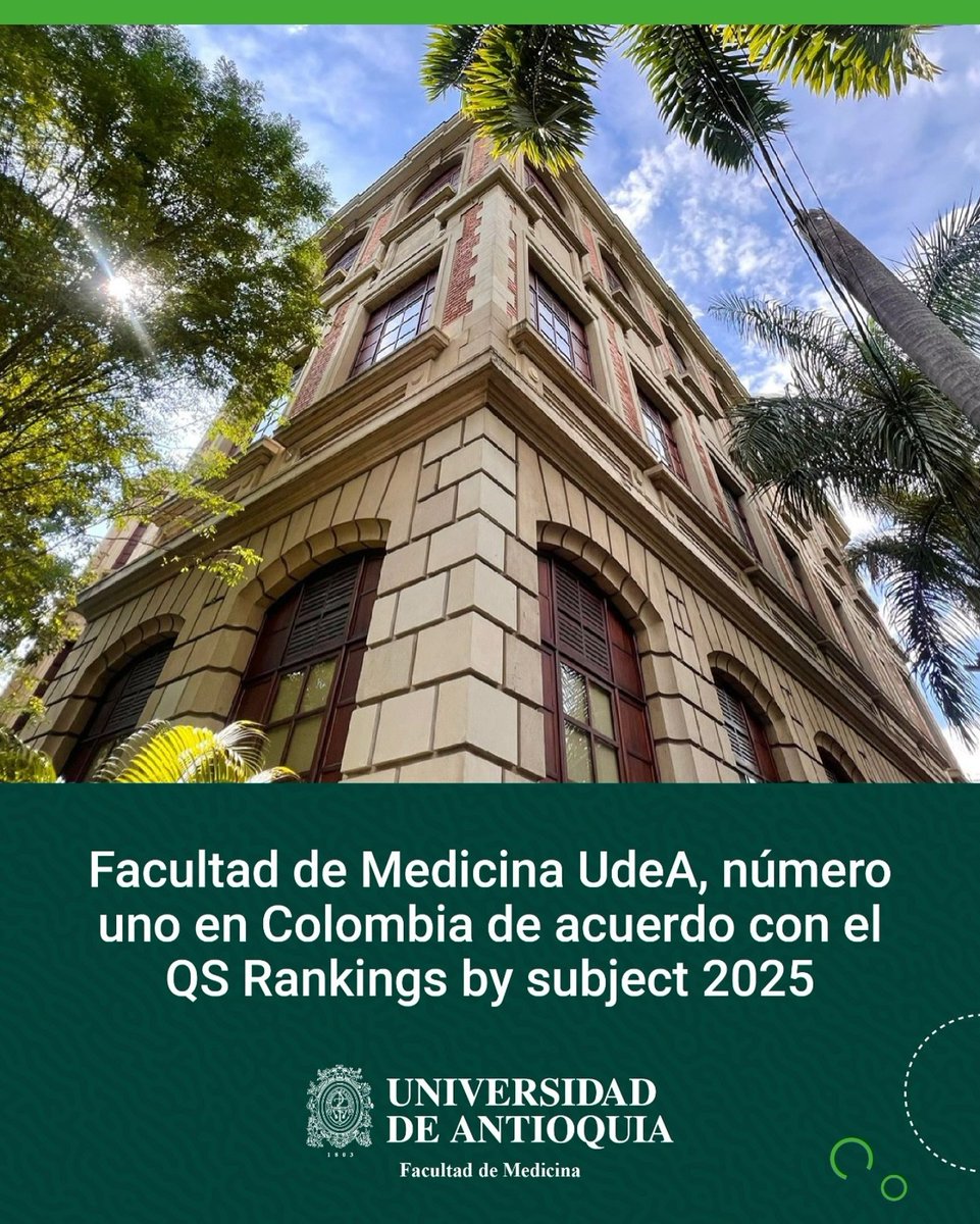 💚 #OrgulloUdeA | En el QS Ranking del 2025, la clasificación mundial más importante de universidades y programas académicos, nuestra Facultad logró posicionarse como la número uno en #Medicina en Colombia 👏

🔗 Conoce más detalles, aquí: bit.ly/MedUdeARanking…