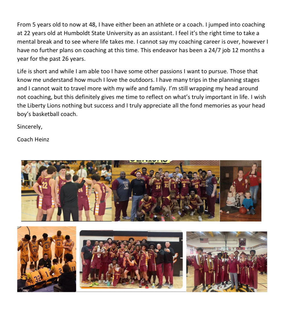 Yesterday was a bittersweet moment in my career. I have officially stepped down as a Liberty Basketball coach. It was a great ride. Thanks for all the support. Coach Heinz ⁦<a href="/LHSLionsSports/">Liberty Athletics</a>⁩ ⁦<a href="/thepress_sports/">Brentwood Press Hometown Sports</a>⁩