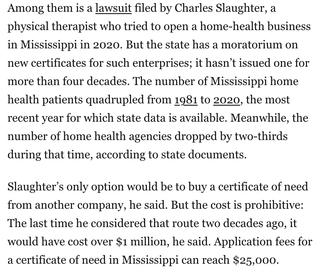 certificate of need laws are the taxi medallions of healthcare

states artificially limit supply of different types of healthcare facilities and services and make it incredibly difficult for new companies to get started

what makes even less sense is that when a company applies