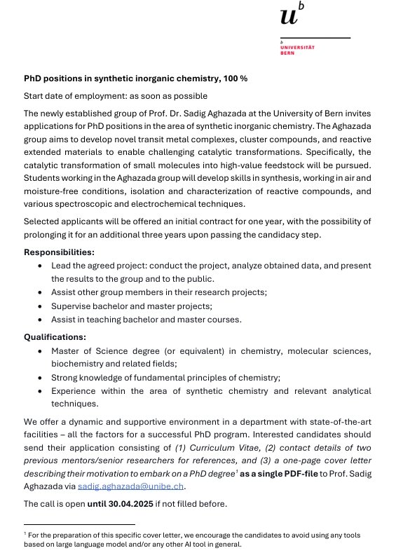 Sadig Aghazada (@aghazada_s) on Twitter photo We have open PhD positions <a href="/unibern/">Universität Bern</a>
If you are interested in organometallic synthesis, transition metal and cluster chemistry, novel materials, and spectroscopy, this position is for you. Check the ad below and get in touch.
Please re-quote and spread the news. We have open PhD positions <a href="/unibern/">Universität Bern</a>
If you are interested in organometallic synthesis, transition metal and cluster chemistry, novel materials, and spectroscopy, this position is for you. Check the ad below and get in touch.
Please re-quote and spread the news.