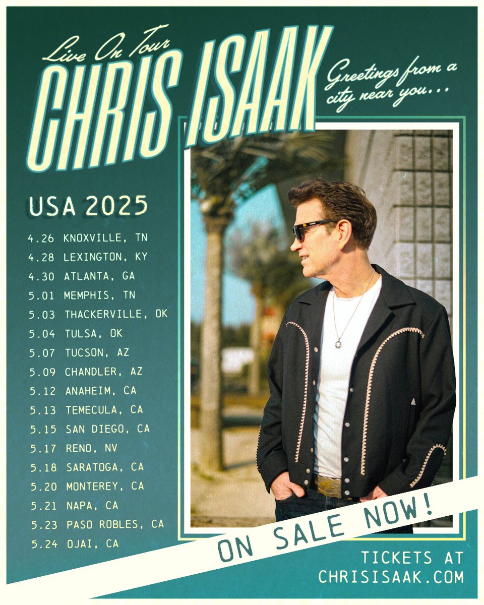 ChrisIsaak's tweet image. Tickets on sale now! I’m hitting the road in 2025—can’t wait to bring the music to a city near you. Grab yours at chrisisaak.com/tour, and we’ll see you out there! ☀️🎸