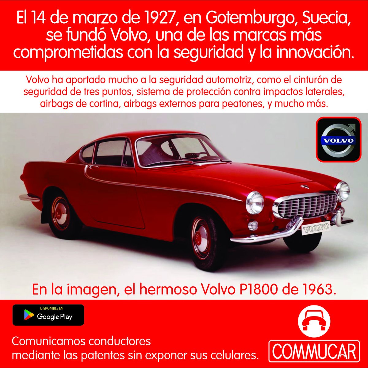 commucar's tweet image. Comprometidos por la seguridad y la comunicación entre conductores. Ese es el compromiso de Commucar. Por eso festejamos a Volvo, fundada un 14 de marzo, como hoy, quienes han hecho grandes aportes a la seguridad de automovilistas. ¡Feliz cumpleaños, amigos de Volvo!
