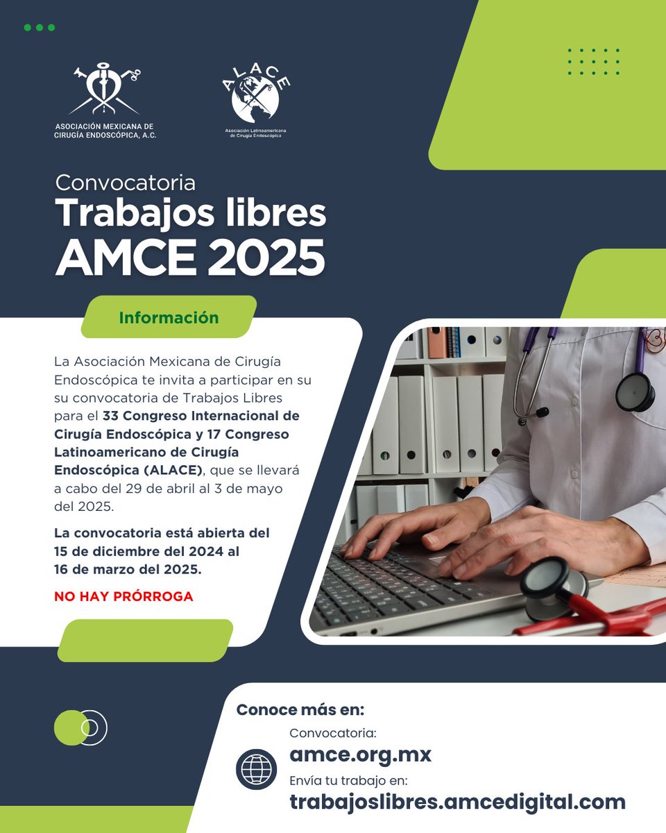 🚨¡ÚLTIMOS DÍAS!🚨

Envía tu 📄Trabajo Libre para participar dentro del marco del XXXIII Congreso Internacional de Cirugía Endoscópica.

🔹¡Tienes hasta el 16 de marzo! 🔹

🔗 Envíalo aquí: trabajoslibres.amcedigital.com 🔗