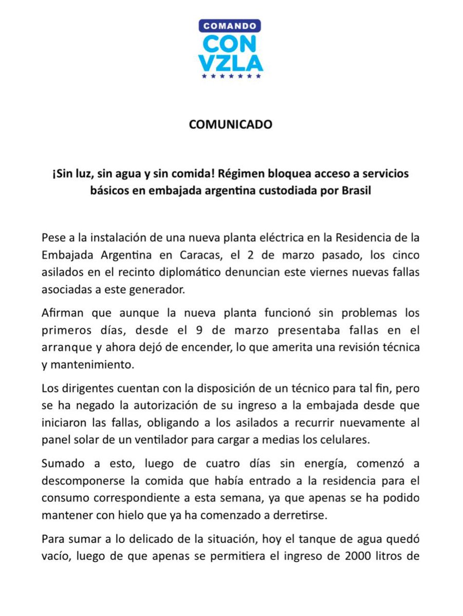 ConVzlaComando's tweet photo. ¡Sin luz, sin agua y sin comida! Régimen bloquea acceso a servicios básicos en embajada argentina custodiada por Brasil. https://t.co/3zdGJp6sn3