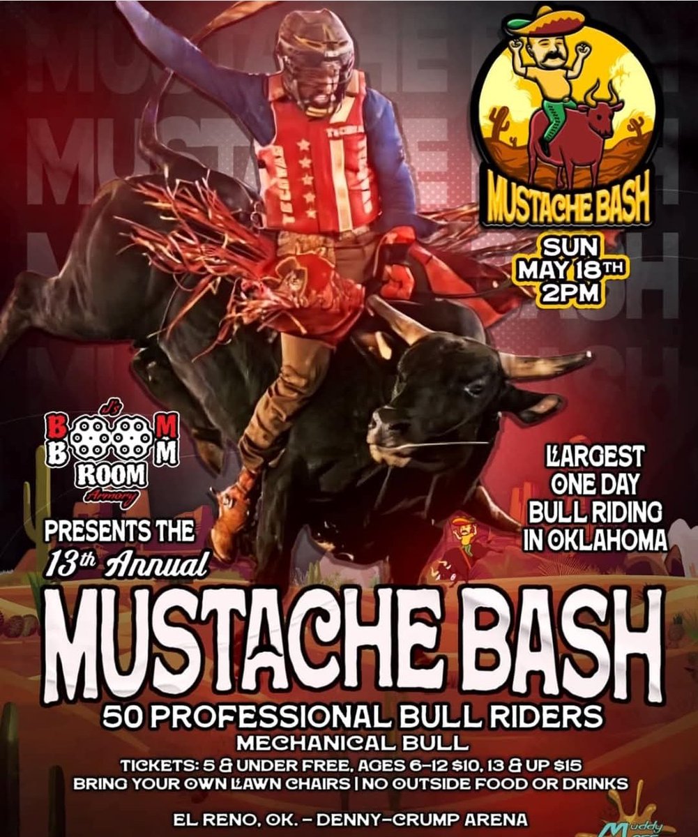 Mustache Bash May 18th at Denny Crump Arena in El Reno, OK
#Rodeo #Oklahoma #cowboy
