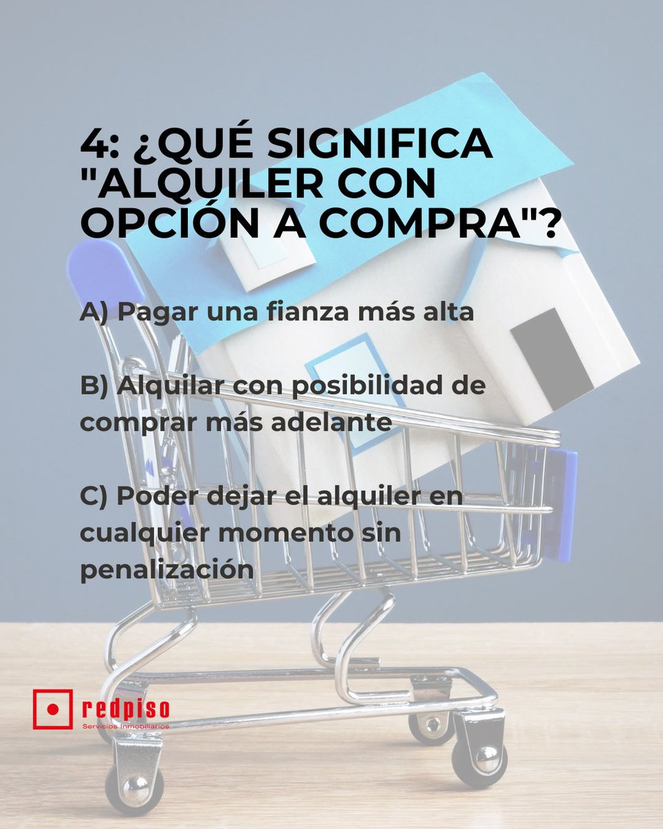 RedPisoAlcorcon's tweet photo. 🔑 Pregunta 4: ¿Qué significa “alquiler con opción a compra”?
A) Pagar una fianza más alta
B) Alquilar con posibilidad de comprar más adelante
C) Poder dejar el alquiler en cualquier momento sin penalización

¡Deja tu opción en comentarios!👇🏼 https://t.co/rnQvEzigV5
