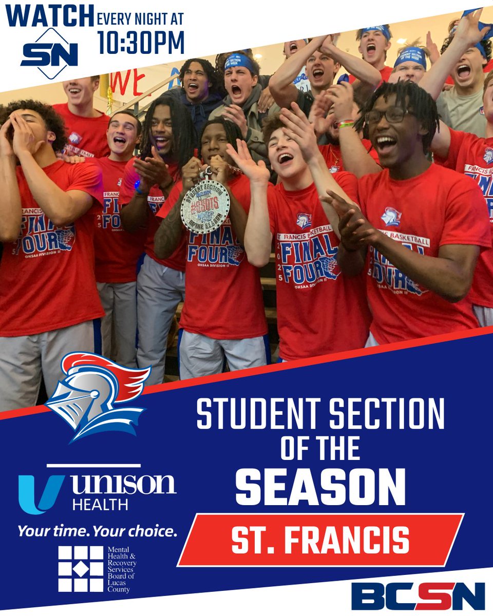 BCSN (@bcsnsports) on Twitter photo 🚨 BREAKING NEWS...
KNIGHTS... you are the <a href="/UnisonHealthTol/">Unison Health Toledo</a> <a href="/MHRSBofLucasCO/">MHRSB of LucasCounty</a> Student Section of the Season! Giving our amazing #SSOTS Chain ⛓️ a place to stay!
<a href="/SFSAthletics/">St. Francis de Sales Athletics</a> | <a href="/SFSStudSect/">SFS Student Section</a> | <a href="/SFSKnights/">St. Francis de Sales School⚔️</a>
📺 Tune In to Sports Nightly at 10:30 for the full story! 🚨 BREAKING NEWS...
KNIGHTS... you are the <a href="/UnisonHealthTol/">Unison Health Toledo</a> <a href="/MHRSBofLucasCO/">MHRSB of LucasCounty</a> Student Section of the Season! Giving our amazing #SSOTS Chain ⛓️ a place to stay!
<a href="/SFSAthletics/">St. Francis de Sales Athletics</a> | <a href="/SFSStudSect/">SFS Student Section</a> | <a href="/SFSKnights/">St. Francis de Sales School⚔️</a>
📺 Tune In to Sports Nightly at 10:30 for the full story!