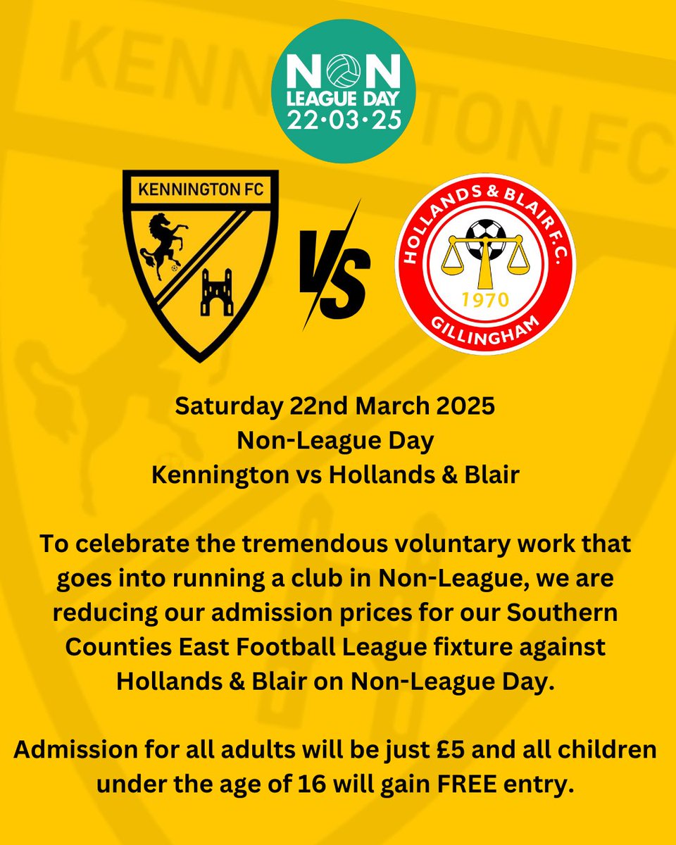 KenningtonFC's tweet photo. ⚽️ 𝗡𝗢𝗡-𝗟𝗘𝗔𝗚𝗨𝗘 𝗗𝗔𝗬 🤝

We look ahead to next weekend and celebrating Non-League Day as we welcome Hollands &amp; Blair to the Homelands Stadium.

Come along and show your support for all the incredible volunteers that give their all into running a non-league football club. https://t.co/OThnVpKlkV