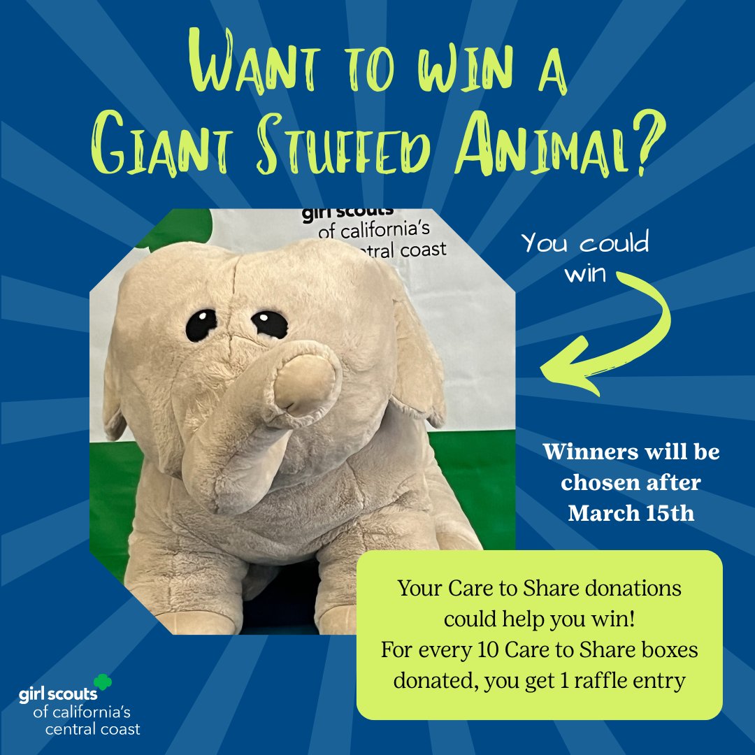 🐘 Win a GIANT Stuffed Elephant! 🐘
How to Enter:
✅ Sell 10 Care to Share donation boxes = 1 raffle entry (30 boxes = 3 entries!)
✅ Sell until March 15th for more chances to win!
✅ 10 winners will be drawn at random! 🎉(one winner per animal)
#CareToShare #CookieSeason #GSCCC