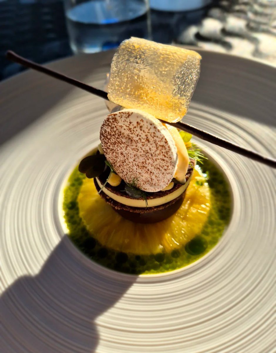 Angel_0255's tweet photo. Elegant dessert with chocolate, mousse, and caramel tuile on a vibrant mango-green swirl https://t.co/BxqJFMWl5s
