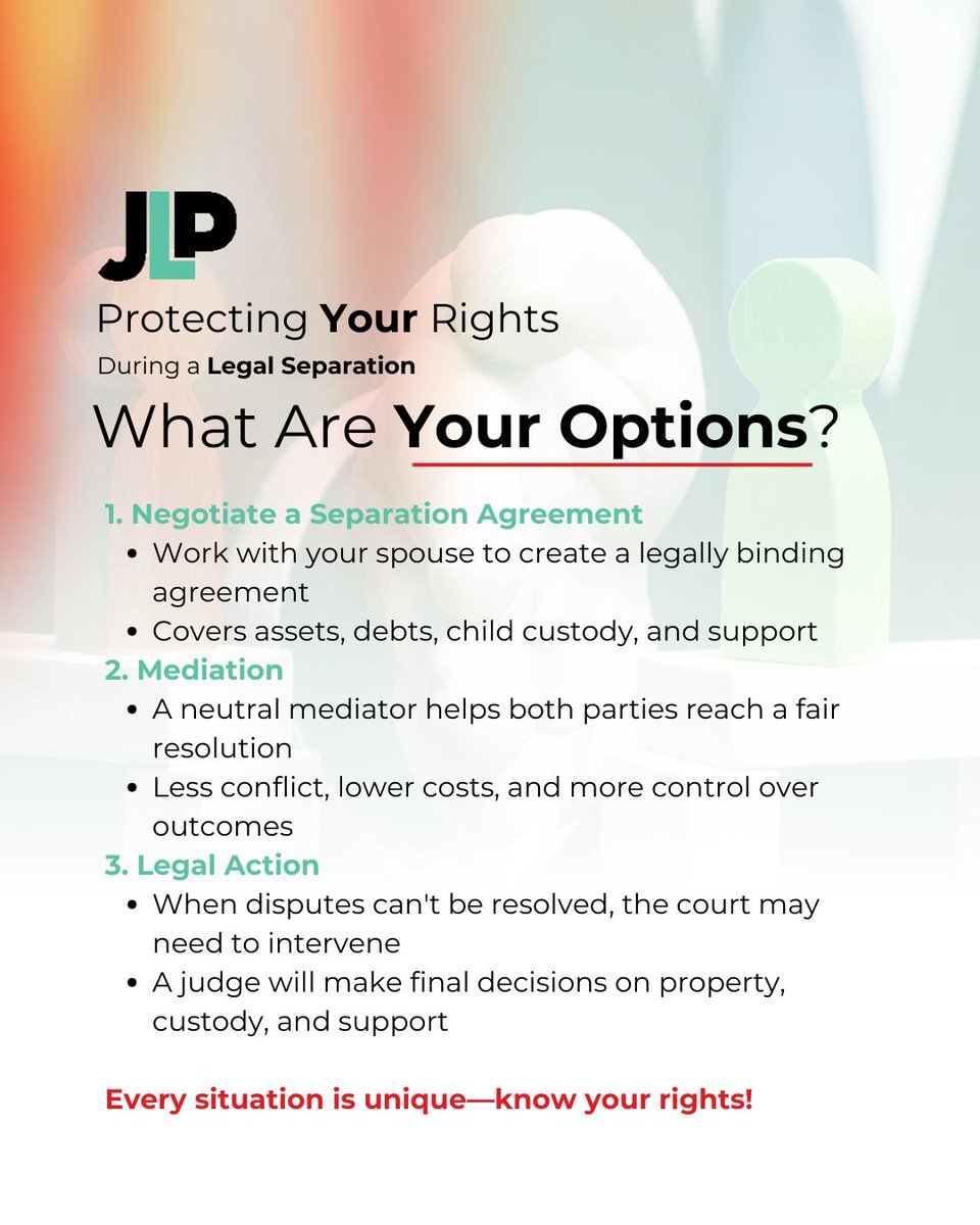 J_Law_Partners's tweet photo. Legal separation can be complex, but you have options. 💼⚖️ Should you negotiate a separation agreement, pursue mediation, or take legal action? 
Let Jones Law Partners guide you through the process. 📞 Contact us today! #LegalSeparation #KnowYourOptions #JonesLawPartners https://t.co/SBdxqCoeAN