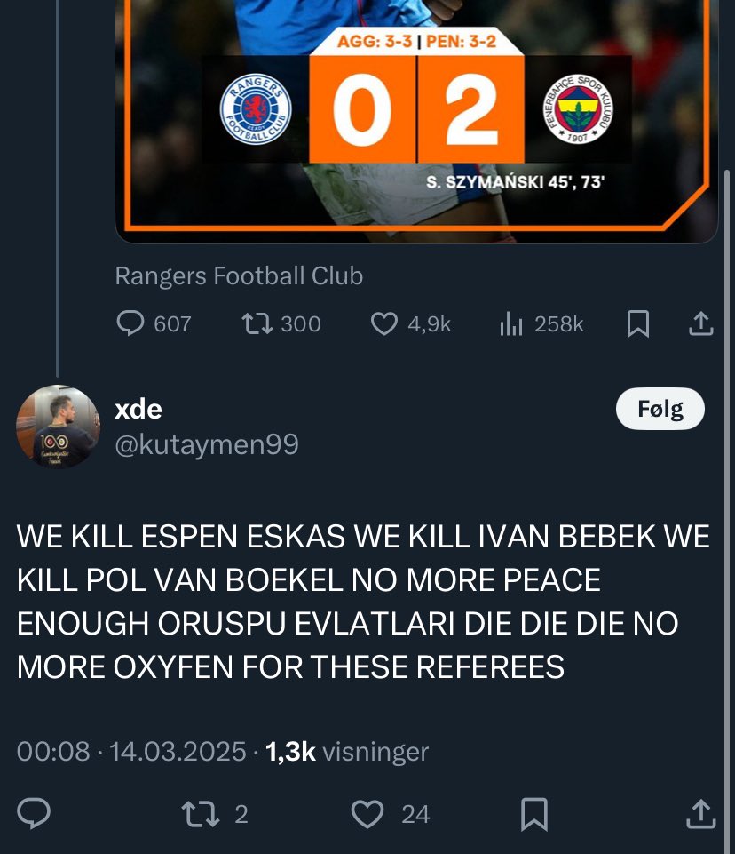 NisselueP's tweet photo. Dommer Espen Eskås dømte kampen mellom Rangers og Fenerbach i går kveld. Heldigvis hadde han VAR, så det ble ingen kontroversielle situasjoner, og viktigst av alt, ingen dommerhets. https://t.co/UYbEMS9R4Q