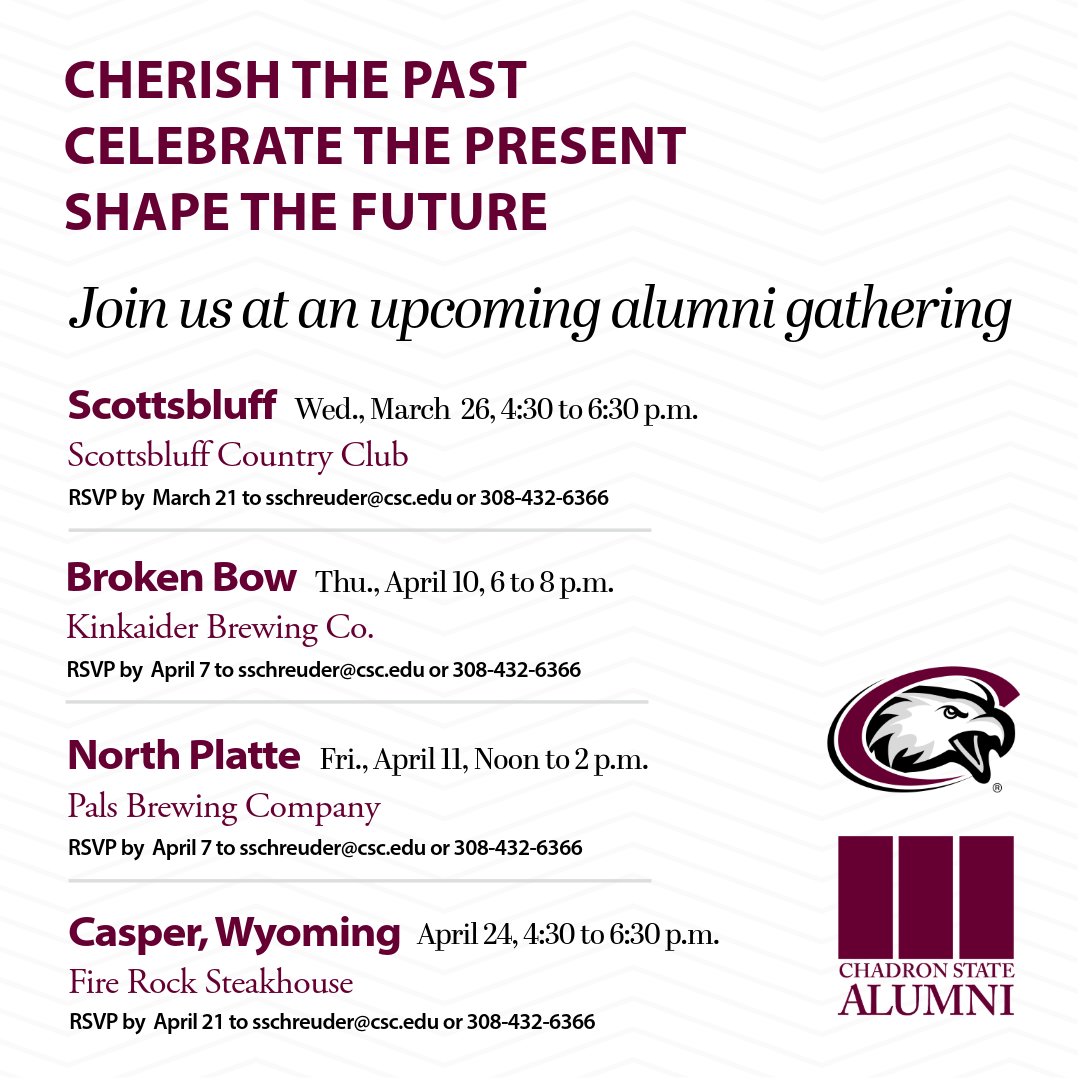 alumni_CSC's tweet image. If you&apos;re in the area, we’d love for you to join us at one of our upcoming Chadron State alumni gatherings!