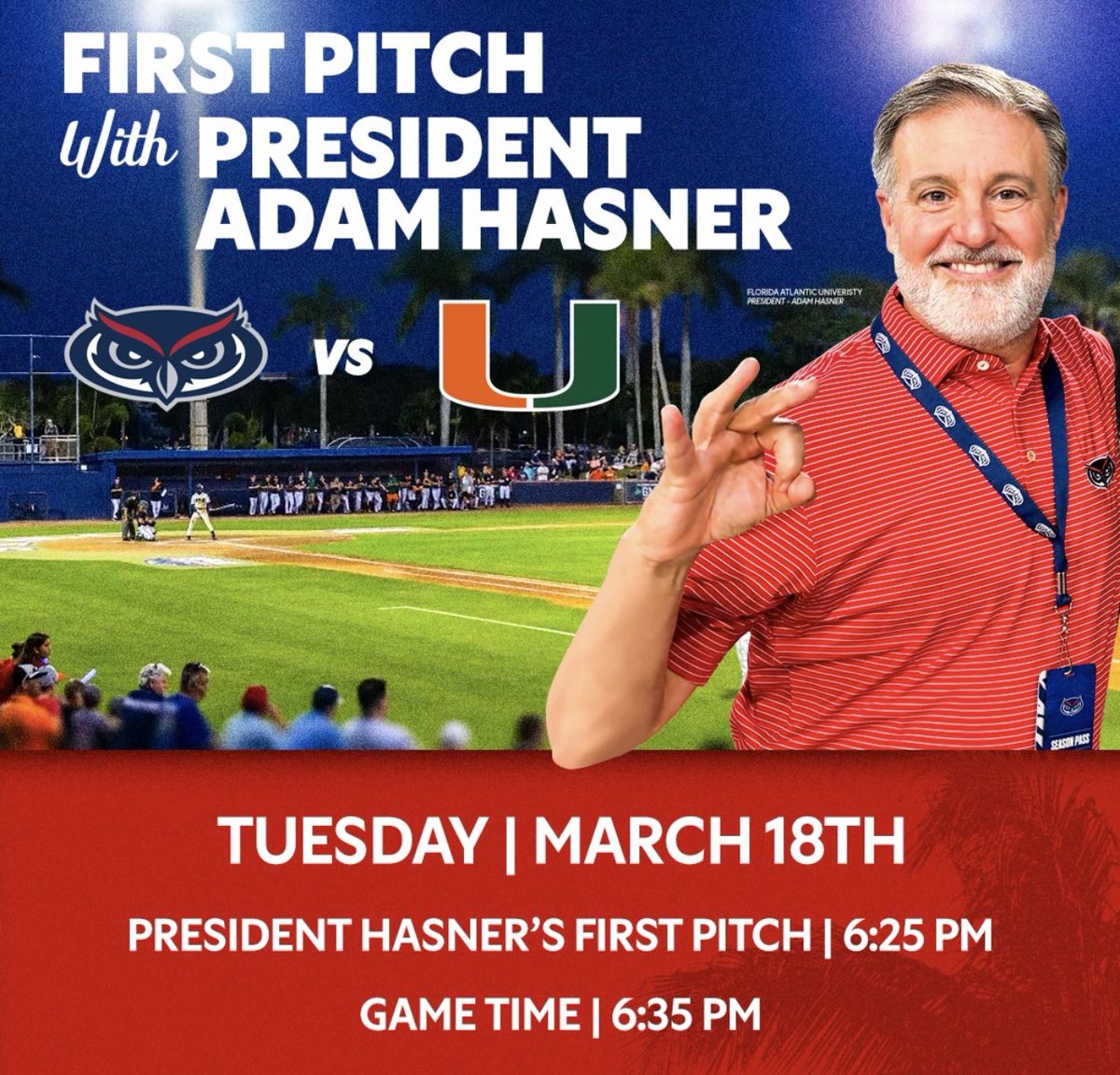 Florida Atlantic Alumni π¦ (@faualumni) on Twitter photo Owls! Before <a href="/FAUBaseball/">Florida Atlantic Baseball</a> hosts Miami on Tuesday, <a href="/FAUpresident/">FAU President Adam Hasner</a> will be throwing out the first pitch for the big in-state showdown! Make sure to stop by and check out all the action! βΎοΈ Owls! Before <a href="/FAUBaseball/">Florida Atlantic Baseball</a> hosts Miami on Tuesday, <a href="/FAUpresident/">FAU President Adam Hasner</a> will be throwing out the first pitch for the big in-state showdown! Make sure to stop by and check out all the action! βΎοΈ
