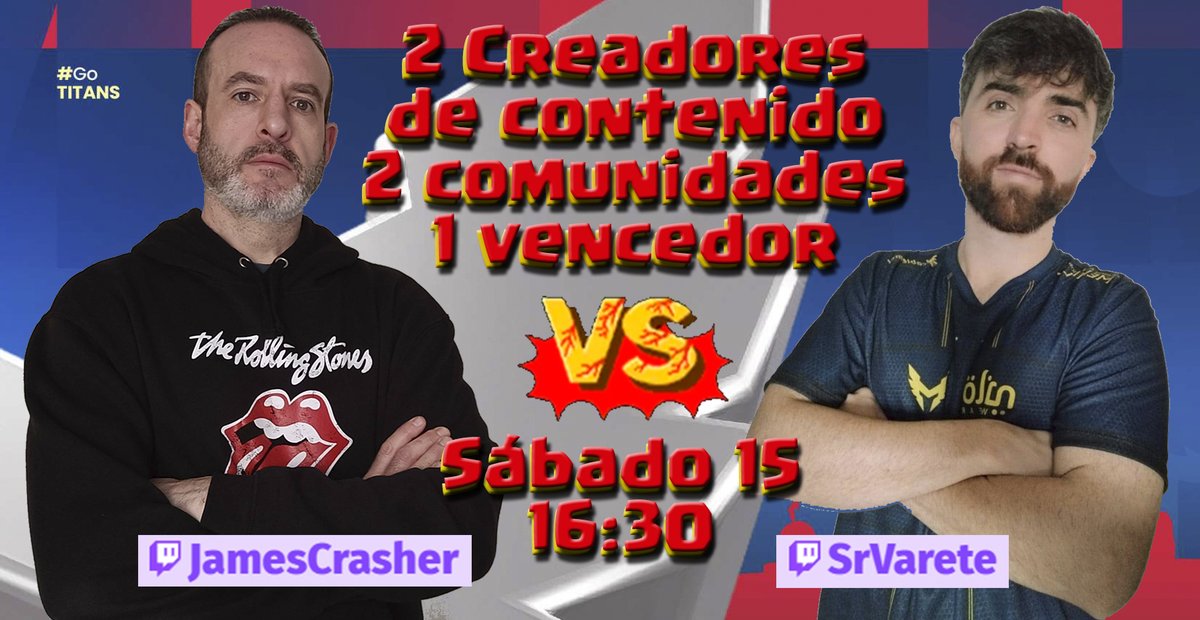🗓️Mañana sábado día 15
⏰A las 16:30

🔫Showmatch entre las comunidades de:
🟣twitch.tv/jamescrasher y
🟣twitch.tv/srvarete

Pasaremos un buen rato.
Estáis todos/as invitados/as.

#WeAreTitans #VALORANT <a href="/MelillaTitans/">Melilla Titans</a>