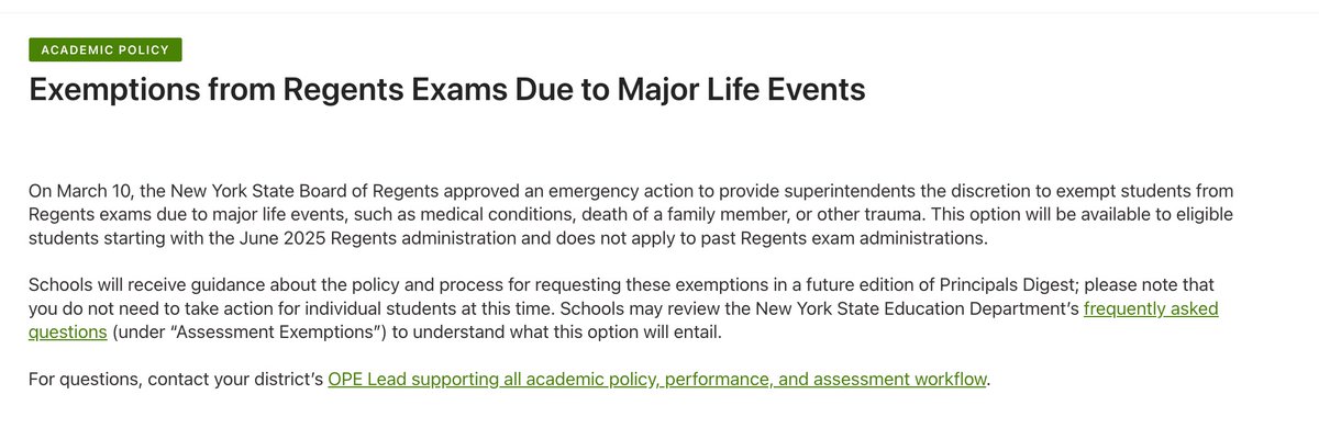 Relaxing the rules: The NYS Board of Regents has approved an "emergency action" giving school superintendents the discretion to exempt students from taking Regents exams in June due to "major life events such as medical conditions, death of a family member or other trauma."