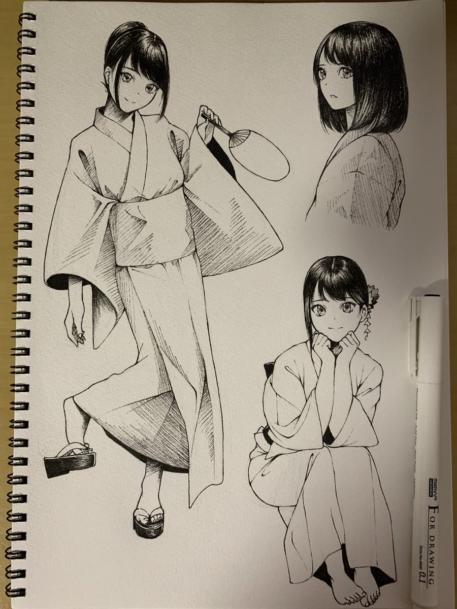 昔やってた絵の練習、漫画家さんのドローイングを見て迷いのない線画に憧れてずっとアナログでまねしてた 