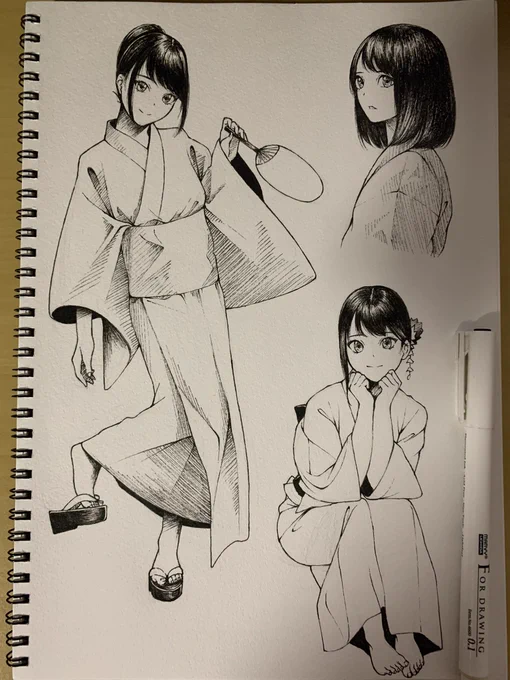 昔やってた絵の練習、漫画家さんのドローイングを見て迷いのない線画に憧れてずっとアナログでまねしてた 