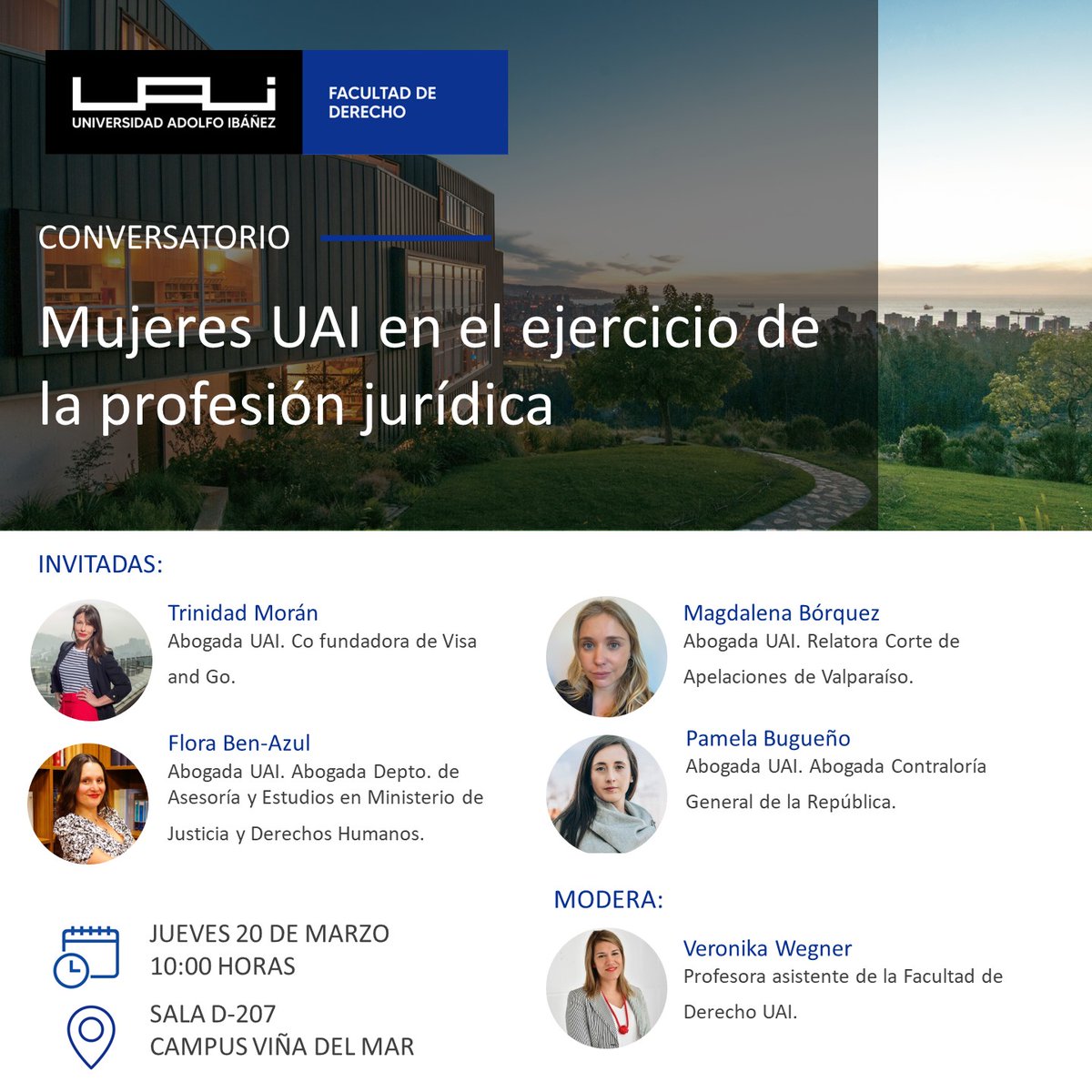 Derecho UAI (@derechouai) on Twitter photo En el marco de la conmemoración del mes de la mujer la Facultad de Derecho en <a href="/UAI_VINA/">UAI - Viña del Mar</a> invita a una conversación con 4 destacadas mujeres abogadas que compartirán su experiencia profesional con la profesora <a href="/VeronikaWegner/">Veronika Wegner</a>
📅20 de marzo
Más información: uai.cl/eventos/derech… En el marco de la conmemoración del mes de la mujer la Facultad de Derecho en <a href="/UAI_VINA/">UAI - Viña del Mar</a> invita a una conversación con 4 destacadas mujeres abogadas que compartirán su experiencia profesional con la profesora <a href="/VeronikaWegner/">Veronika Wegner</a>
📅20 de marzo
Más información: uai.cl/eventos/derech…