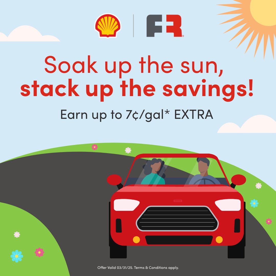 Sunny days and spring road trips ahead – fuel up with extra savings! ☀️ Shop select items in-store at a participating Shell to earn up to 7¢/gal* in extra Fuel Rewards® savings. View Offers: bit.ly/3XtXiq0