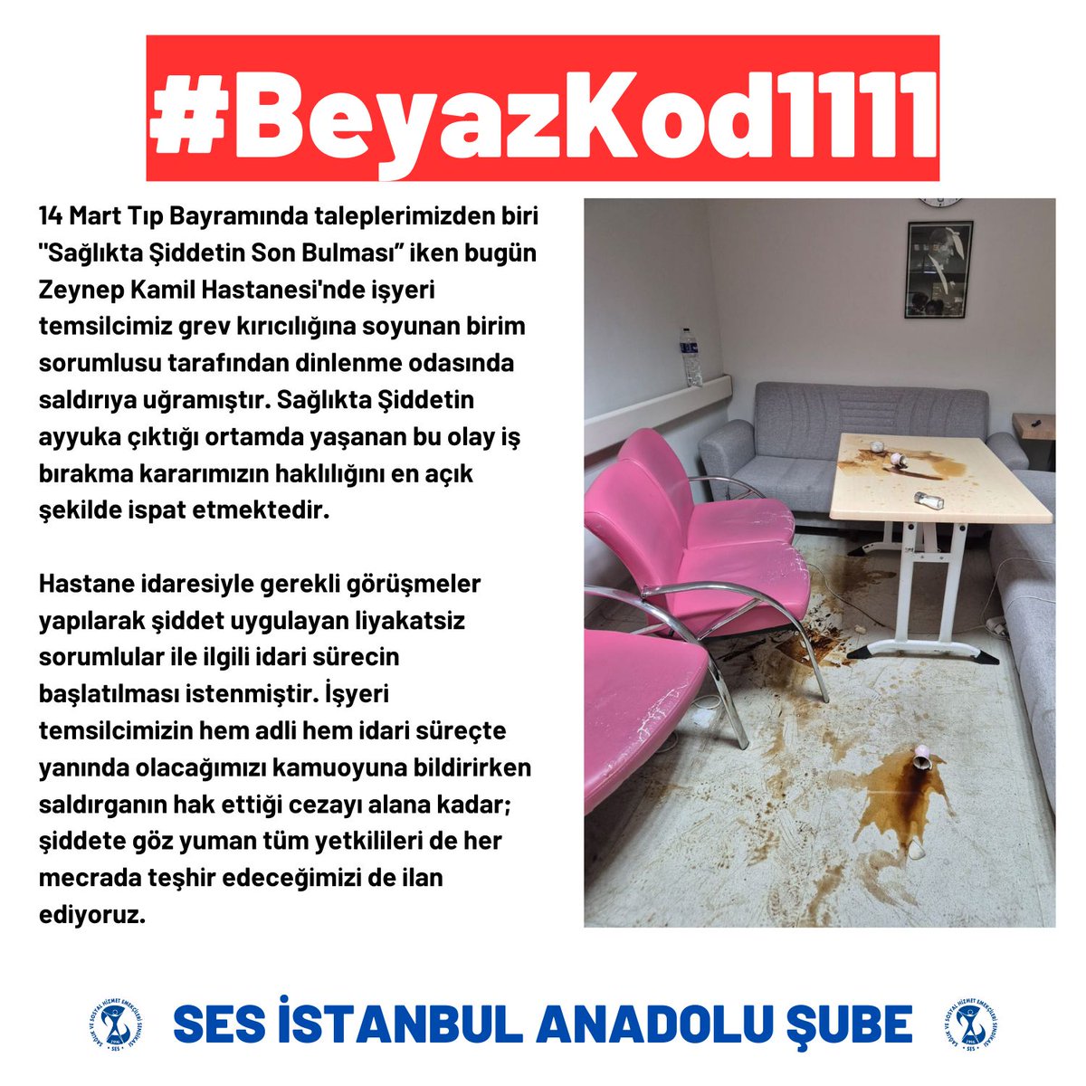 İşyeri temsilcimizin hem adli hem idari süreçte yanında olacağımızı kamuoyuna bildirirken saldırganın hak ettiği cezayı alana kadar; şiddete göz yuman tüm yetkilileri de her mecrada teşhir edeceğimizi de ilan ediyoruz.#BeyazKod1111