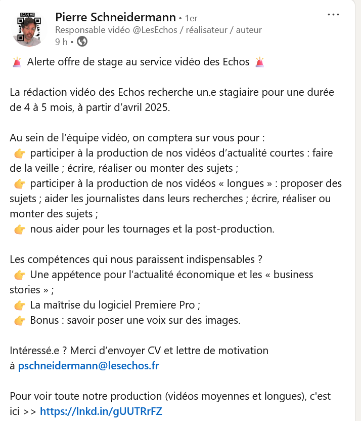 🚨STAGE (4-5 mois)🚨 à partir d'avril 2025
Les Echos cherche un stagiaire pour le service vidéo. 
Une appétence pour l'économie et les "business stories" est un +.
Montage sur Premiere Pro.

+ d'infos et mail pour postuler👇
linkedin.com/posts/activity…