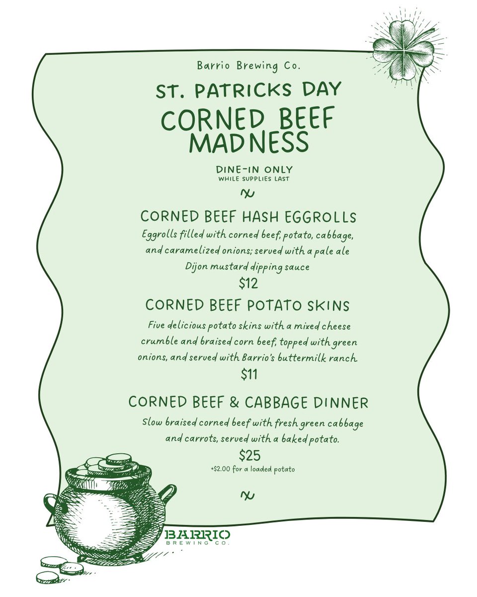 🍀 St. Patrick’s Day Specials! 🍀

Join us Saturday 3/15 - Monday 3/17 and celebrate with these festive dishes (dine-in only, while supplies last):
✨ Corned Beef Hash Eggrolls
🥔 Corned Beef Potato Skins
🍽️ Corned Beef &amp; Cabbage Dinner

Don’t miss out on this! 🍻💚
