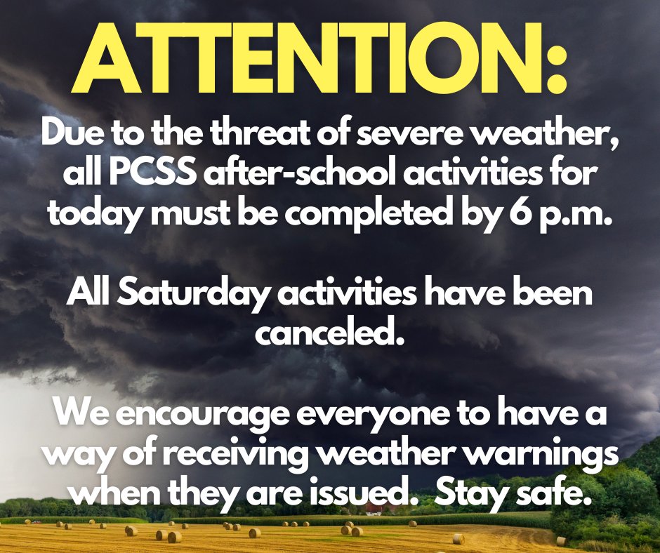 🚨 Weather Alert 🚨

Due to the threat of severe weather, all after-school activities must end by 6 PM today, and all Saturday activities are canceled.

Stay informed &amp; have a way to receive weather alerts. Stay safe! ⛈️⚠️ #WeatherUpdate #StaySafe