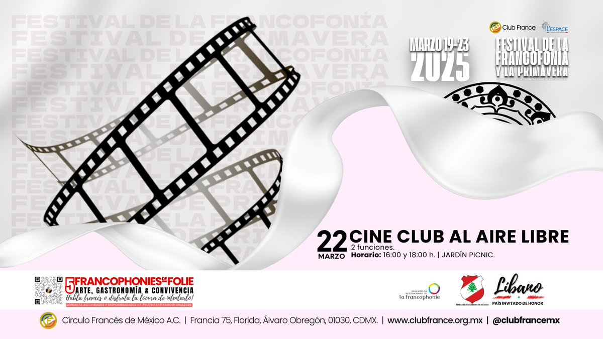 ¡Tarde de cine en los jardines del France!
•
2 funciones al aire libre en el Jardín Picnic del Club France marzo 22. ¡Prepara las palomitas! Horarios: 16:00 h. y 18:00 h.
•
#francofonía2025 #Líbano #clubfrance #culturalibanesa #Francofonía #CulturaFrancófona #primavera2025