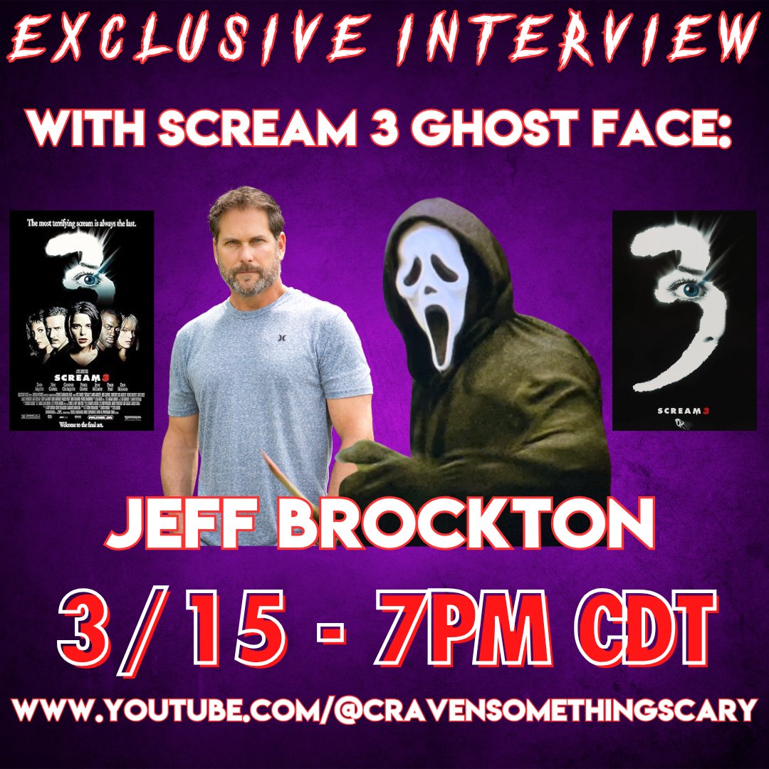 cravenmovies's tweet image. Join me and SCREAM 3 CAST MEMBER "Jeff Brockton" as we discuss his role of Ghostface and his experience making SCREAM 3! It's happening LIVE on Saturday 3/15 at 7pm central! Click the link below now! DO NOT MISS IT!  youtube.com/live/MI7pl-yQM…
#Scream3 #scream7 #Scream