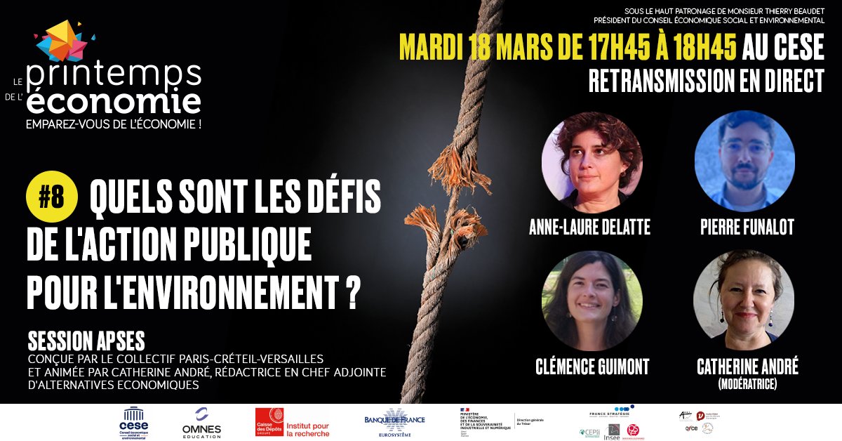 "Quels sont les défis de l’action publique pour l'#environnement ?"
Une session <a href="/_APSES_/">L'APSES quitte X | Rdv sur @apses.bsky.social</a> conçue par le collectif Paris-Créteil-Versailles et animée par <a href="/andre_cath/">Catherine André</a>, rédactrice en chef adjointe  <a href="/AlterEco_/">Alternatives Economiques</a>  <a href="/VoxeuropFR/">Voxeurop en français</a>. Avec @aldelatte, économiste, chargée de recherche <a href="/CNRS/">CNRS 🌍</a>