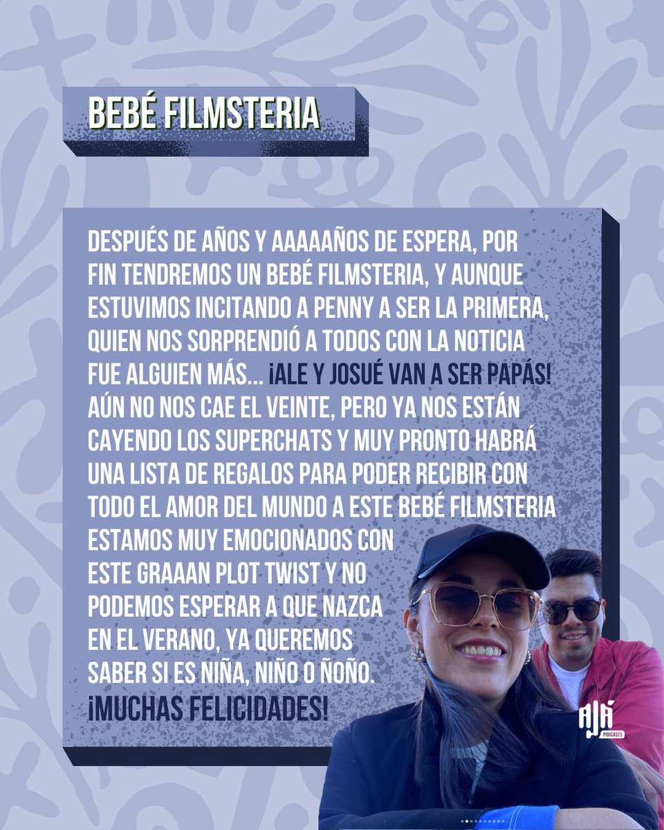 ajapodcasts's tweet photo. Un episodio muy especial de @filmsteria con una noticia increíble, les mandamos un gran abrazo a @alecasagui y @josuecorro, ¡muchas felicidades!

🎬 Escucha Filmsteria, el único pódcast de cine donde puedes encontrar el amor y hasta formar una familia 🥹https://t.co/YyGM7xUguM https://t.co/26qNjFTDag